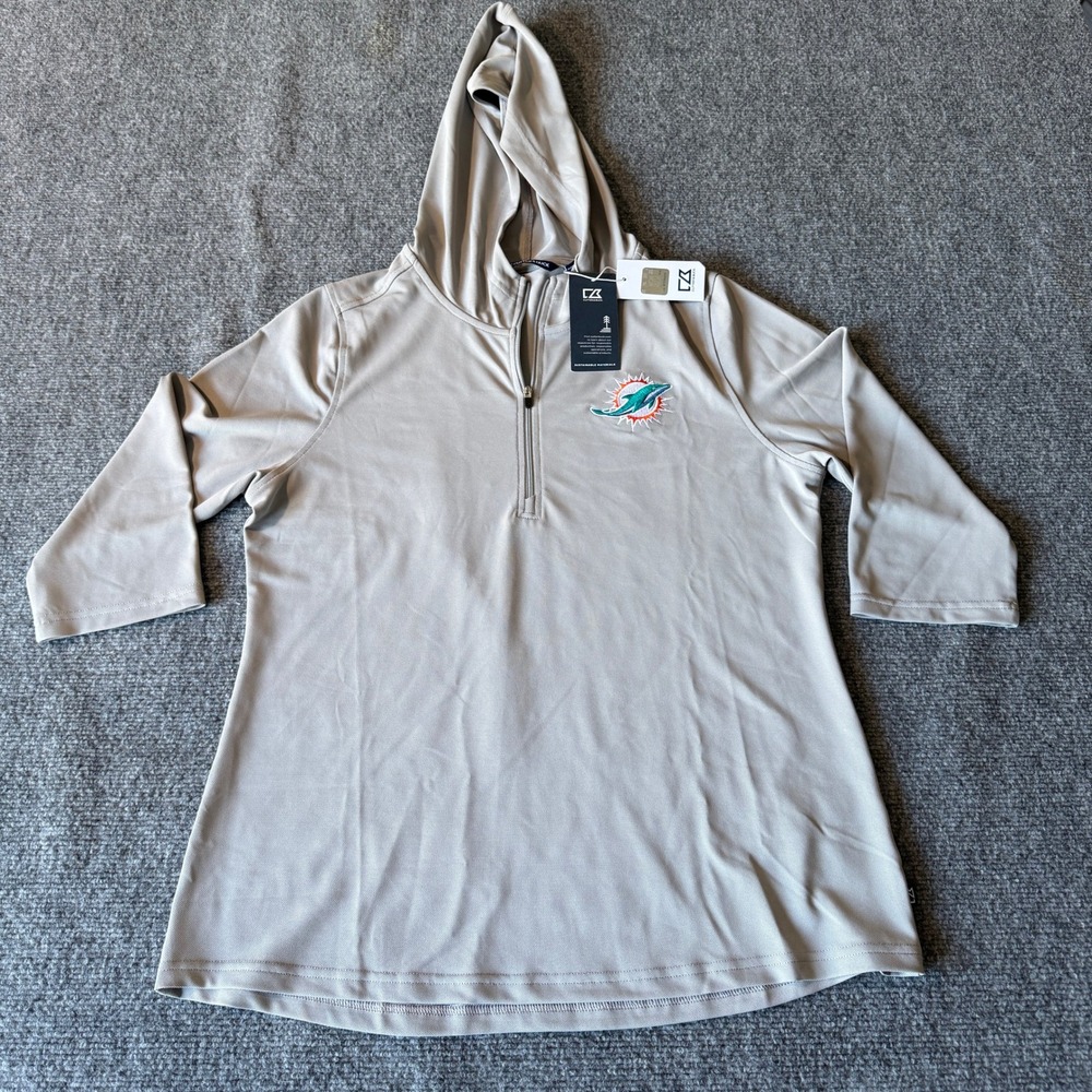 Cutter & Buck Miami Dolphins NFL Womens Grey Quarter Zip Hoodie Size‎ Large NWT